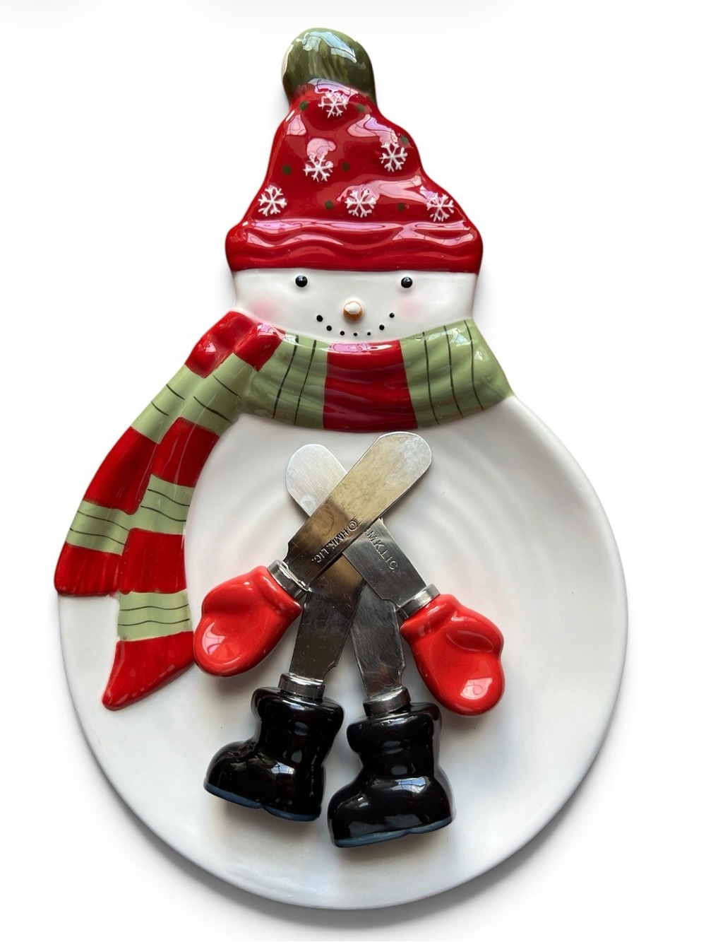Hallmark Holiday Snowman Cheese Plate with Red & Green Accent